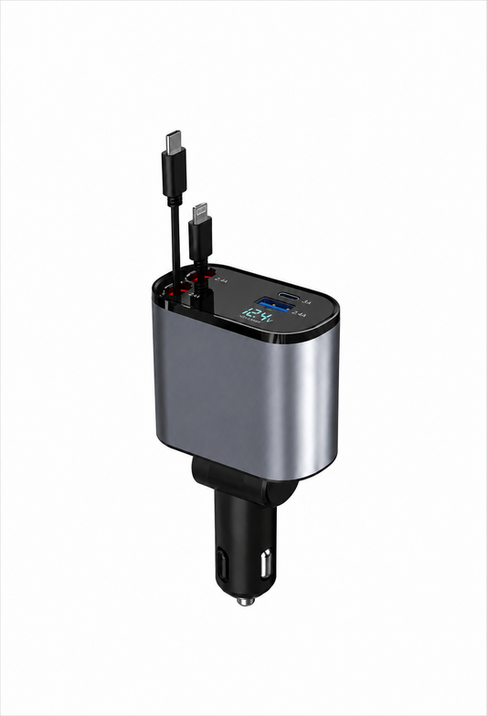 Chargeur de Voiture Rétractable 4-en-1 - Chargeur USB 66W avec Câbles Rétractables, Compatible iPhone 15/14/13/12/11, Galaxy et Pixel